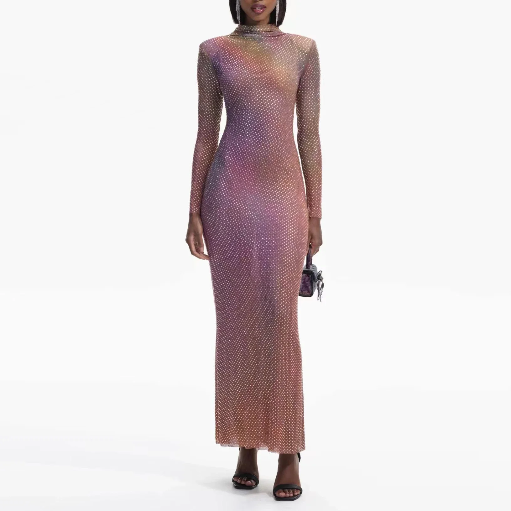 

Women Fashion Slim Fit Hot Rhinestones Long Sleeve Party Maxi Dress