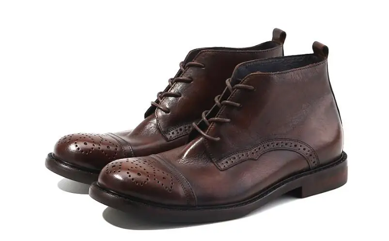 

Winter Handmade Men Work boots outdoors Genuine Leather Lace up Breathable Carved Retro Ankle High quality Men's Boots