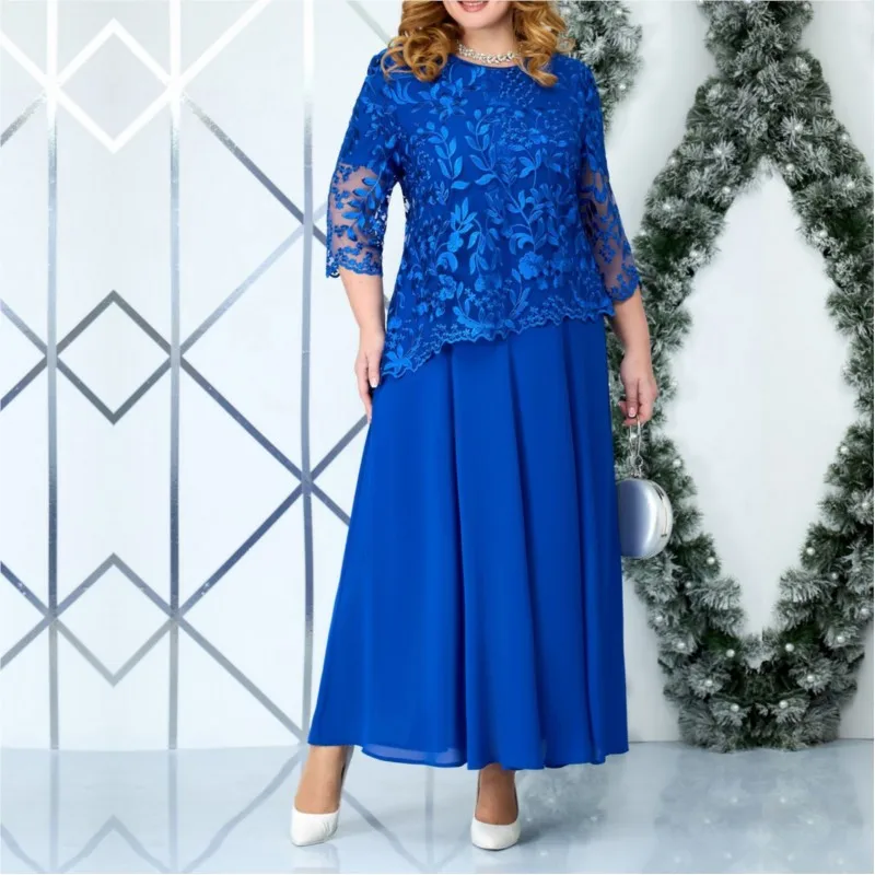 

5XL Big Size Women's Lace Chiffon Dress 2024 Autumn Winter African Dresses For Women Solid Elegant Party Long Maxi Dress Robe