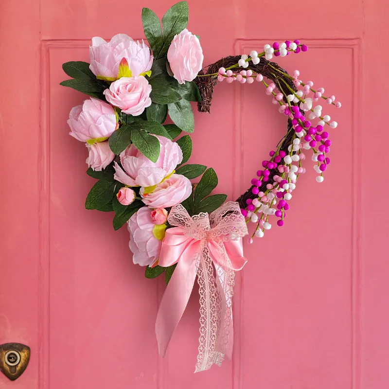 

Valentine's Day Wall Hanging Wreath Decorative Garland Bow Flower Heart Shaped Pink Home Decoration Scene Layout Props