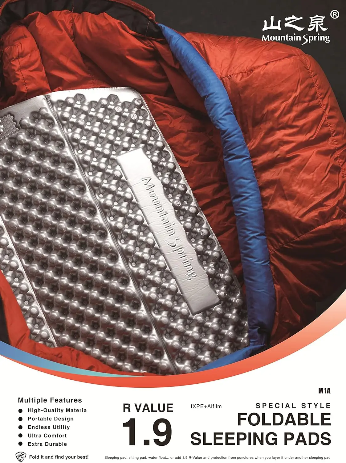 Mountain Spring M1 Series Moisture-Proof Folding Closed Cell Foam Sleeping Pad R-1.9Ultra-Lightweight Hexagonal Design Sleeping 2
