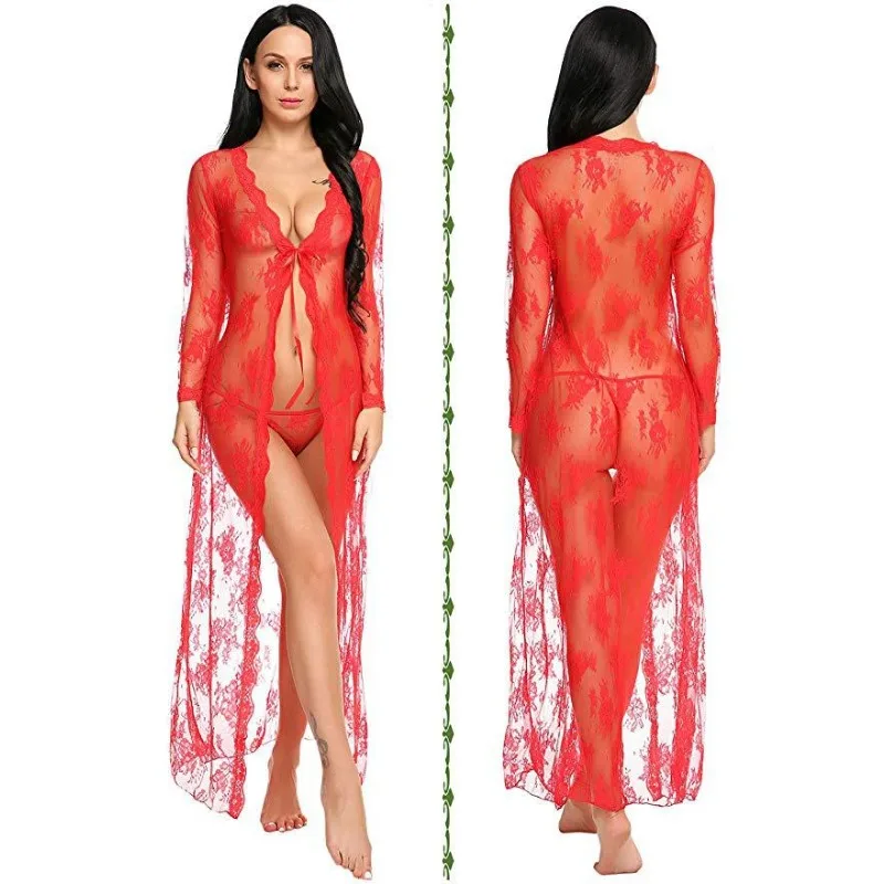 Lace Mesh Transparent Robe Nightgown women dress women sleepwear Women's Deep V-Neck Home Ultrathin Nightgown
