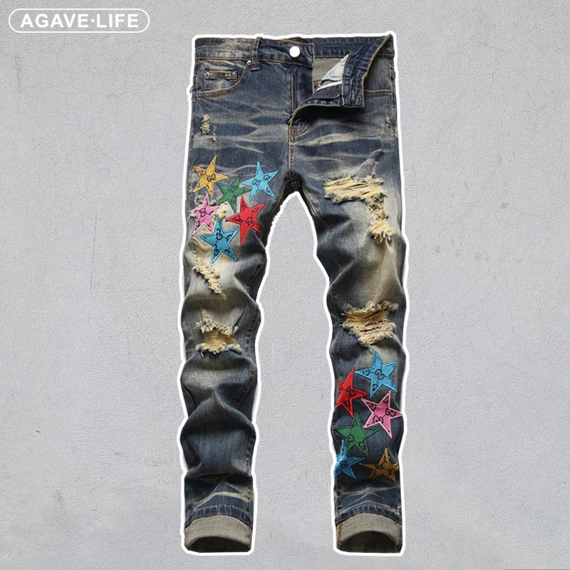 

Men's Ripped Jeans Personality Men Applique Embroidered Stretch Print Denim Trousers Men Fashion High Street Straight Denim Pant
