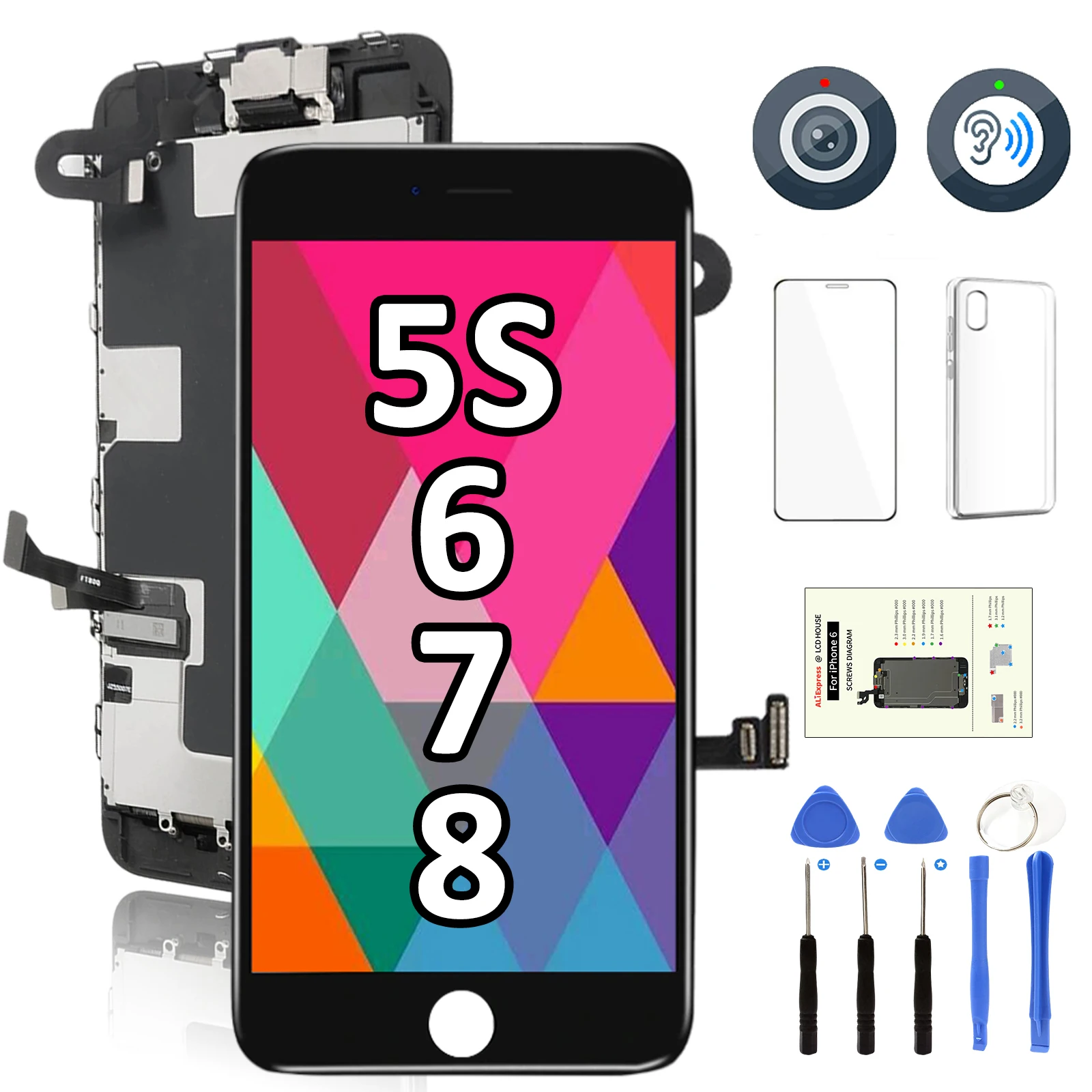 

LCD for iPhone 5S 6 6S 7 8 Plus Display Full Set Screen Replacement Kit Complete Touch Digitizer Assembly with Front Camera