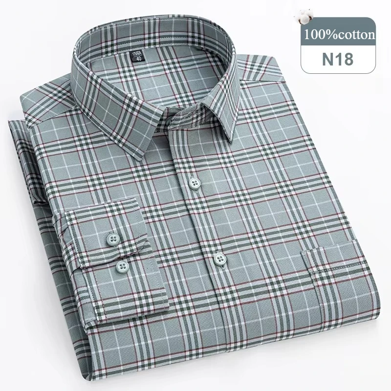 Men's Plus Size Long-Sleeve 100% Cotton Slim Fit Formal Shirt - Soft Plaid and Striped Design