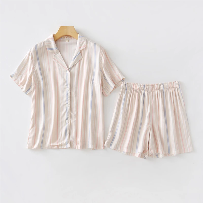 

Summer Girl Style Shorts Pajamas 2 Pcs Set Thin Contrasting Colors Striped Short Sleeve Shorts Homewear Pijamas Women Suit
