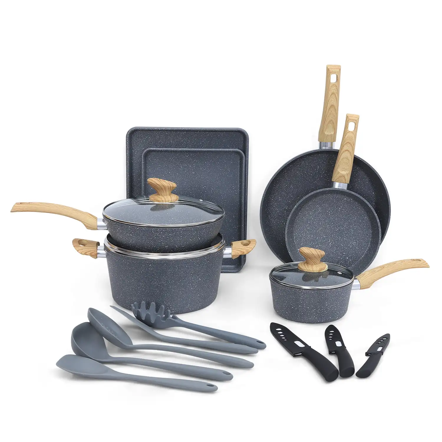 

MF Studio 18 Pieces Cookware & Bakeware Set Granite Nonstick Pots and Pans, Blue Gray