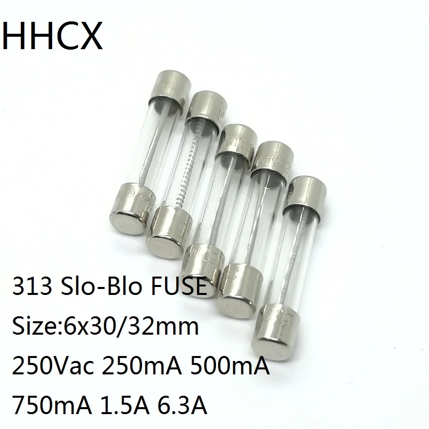Glass Tube Fuses 1PCS/LOT Time-Delay FUSE 313FUSE 250Vac 250mA 500mA 750mA 1.5A 6.3A Glass Slow-Blow Fuse 313 6x30/32mm