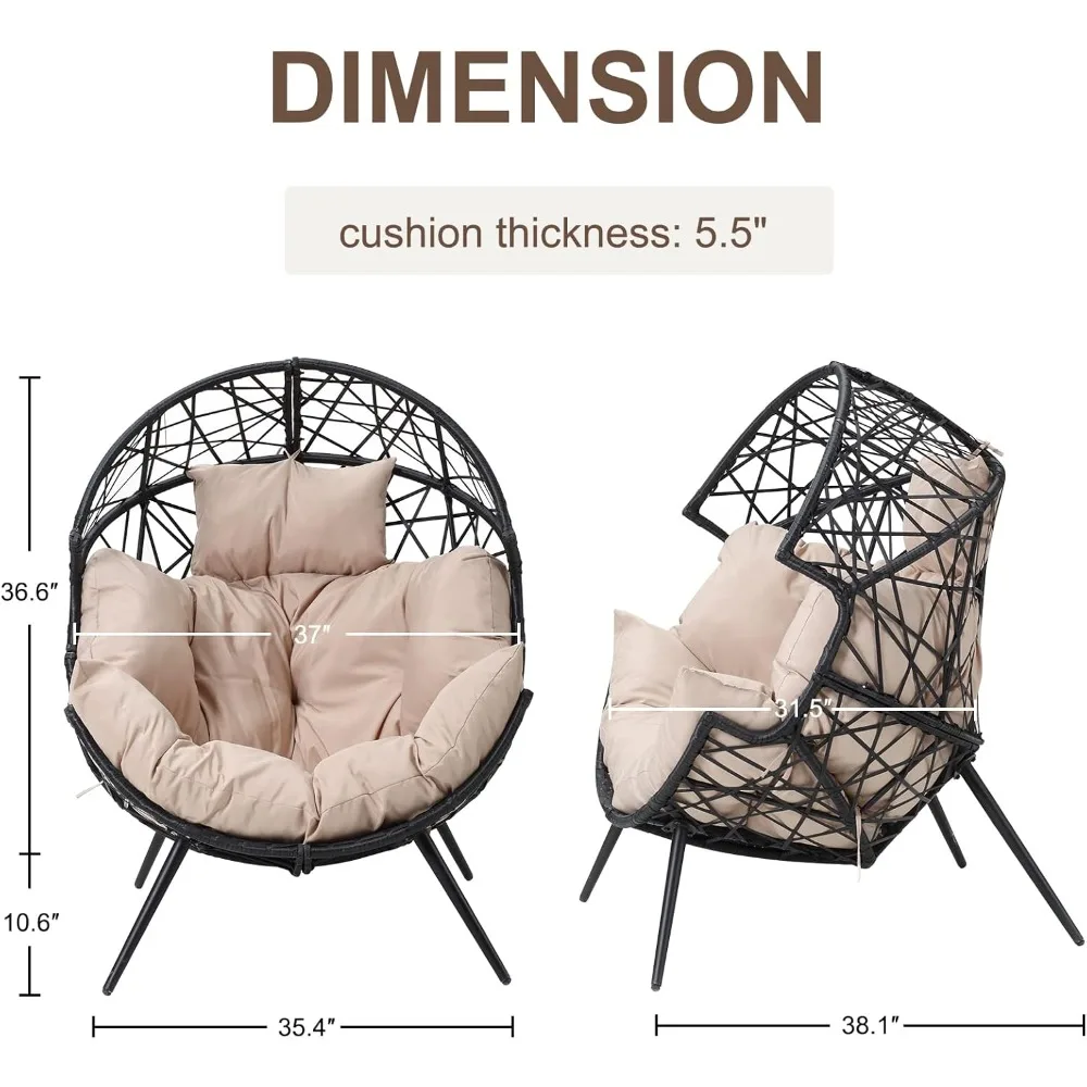 Egg Chair - Outdoor Patio Egg Chair Indoor Wicker Egg Lounger Chair with Cushion and Stand for Living Room Patio Backyard (Beige 2