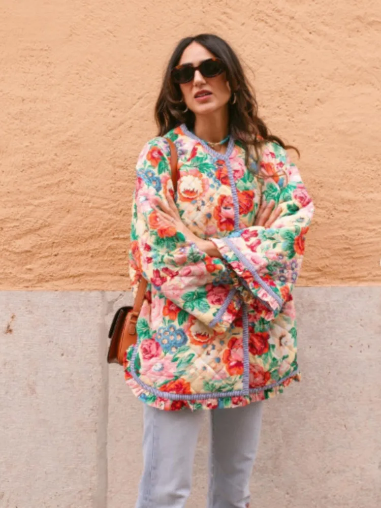 

Женская теплая парка с цветочным принтом и длинным Расклешенным рукавом, повседневные однобортные хлопковые куртки 2024, модное лоскутное пальто, женские топы