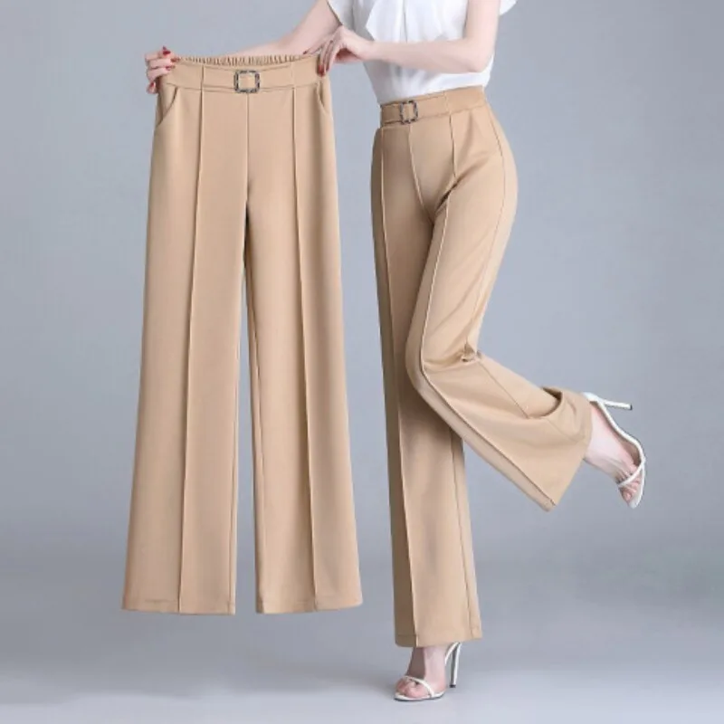 Spring Summer New Thin Ice Silk Wide Leg Pants Women Solid Elastic High Waist Pockets Loose Straight Versatile Cropped Trousers