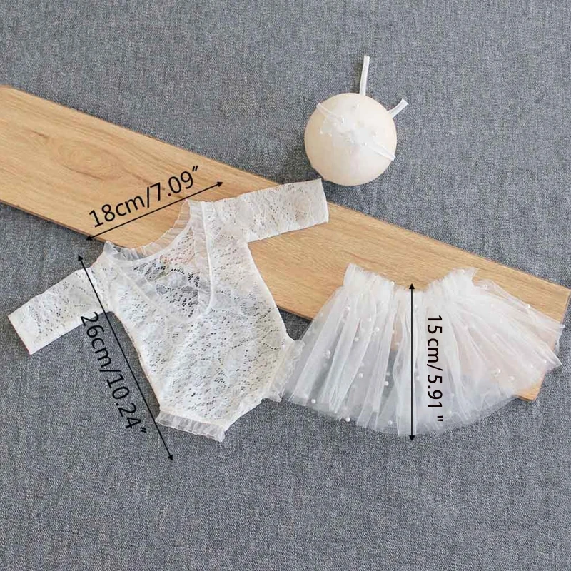 

127D 3 Pcs Newborn Photography Props Outfits Baby Lace Romper Headband Short Skirt Set Infants Photo Shooting Bodysuit Jumpsuit