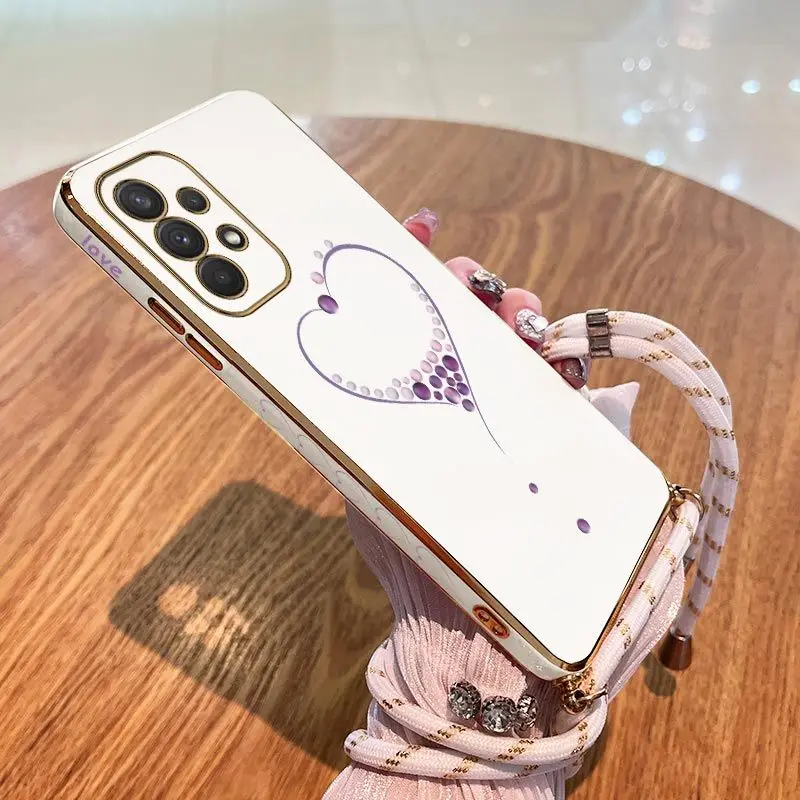 

Diamond Love Lanyard Plating Phone Case For Samsung Galaxy A54 A72 A53 A52 A52S A04S 34 A24 A73 A71 A04E A72 Cover