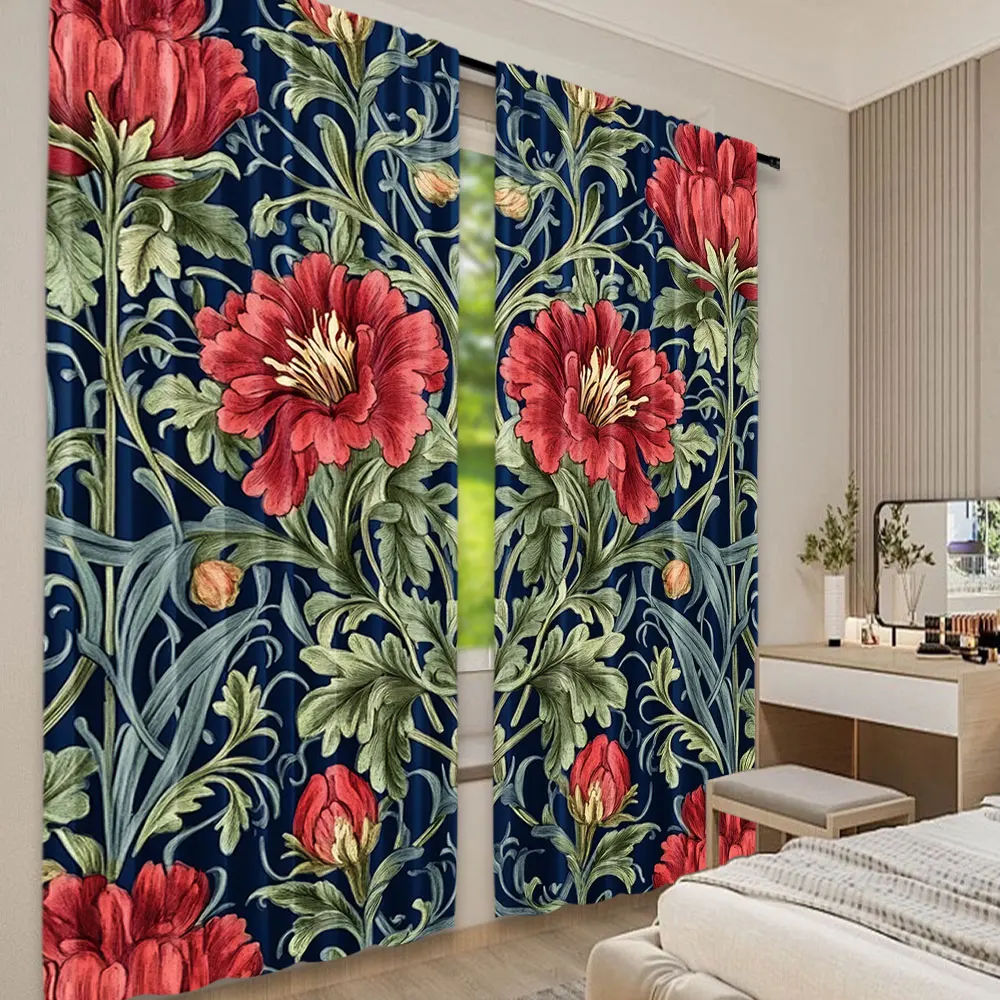 2Pcs Boho Watercolor Floral And Leaves Symmetry Curtain Suitable For Bedroom Kitchen Dining Room Living Room Study Office 3