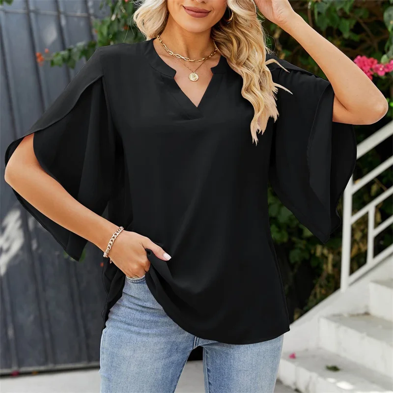 Women Summer Style Blouses Shirts Lady Casual Short Flare Sleeve V-Neck Solid Color Blouse Tops