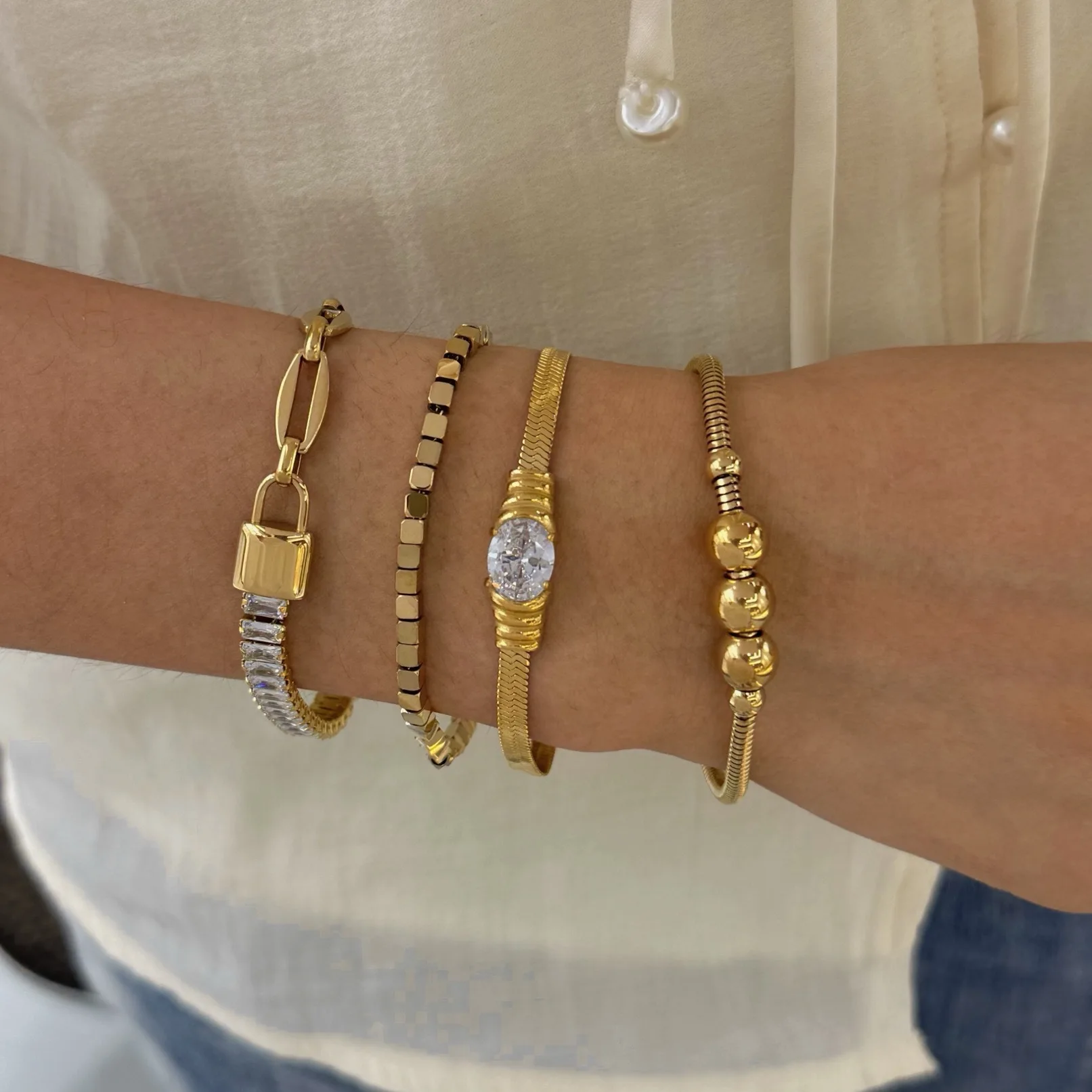 Vintage 18K Gold Plated Flat Snake Chain CZ Zircon Bracelet for Women Waterproof Ballpoint Lock-shape Link Chain Bracelets Gifts