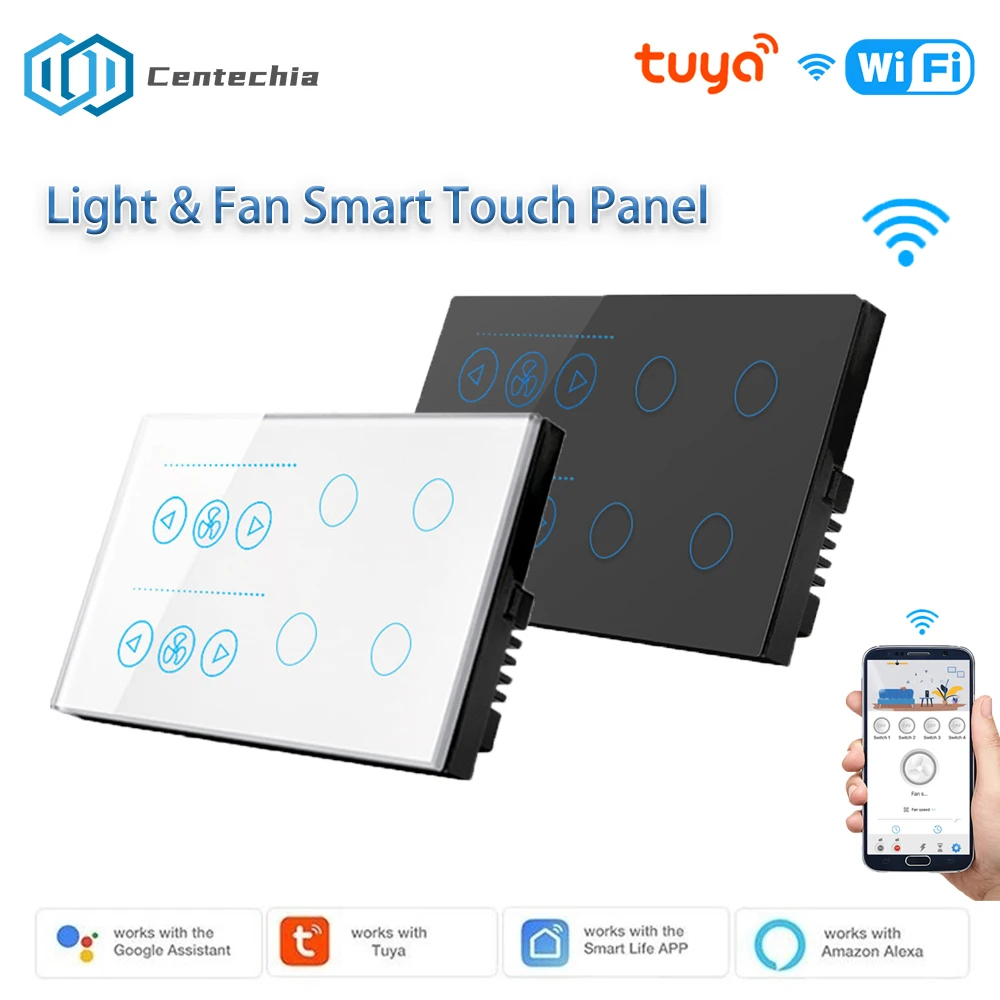 

Wifi Smart Switch Panel Tuya Light 4 Gang Switch Fan Speed Dimmer Interruptor Touch Panel Power Metering Remote With Alexa Home