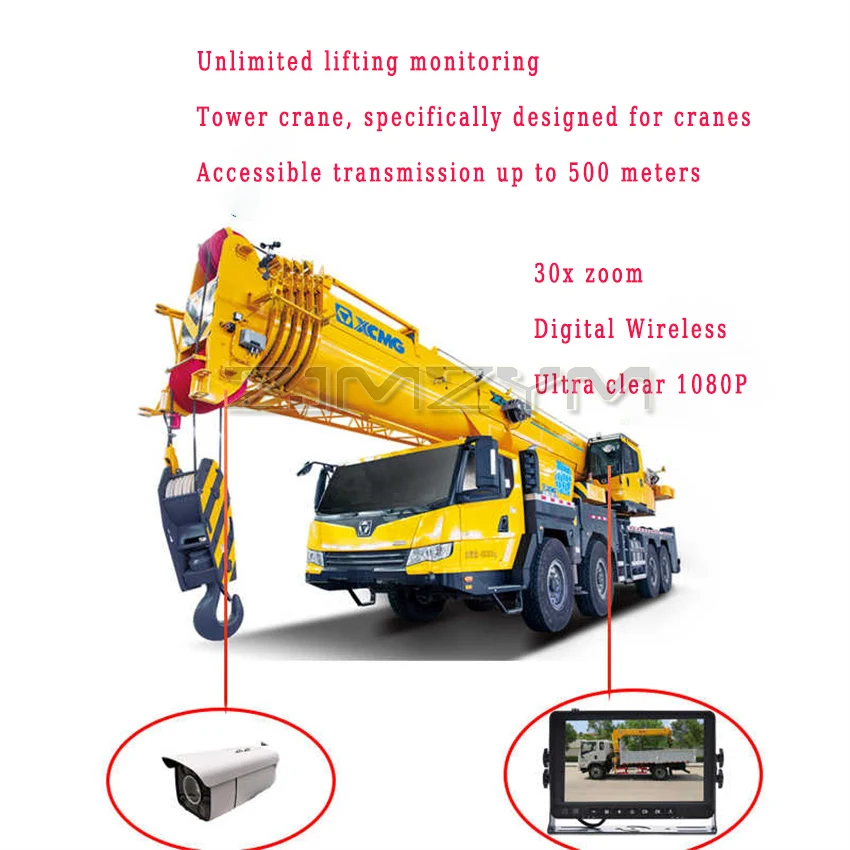 Crane Arm Wireless Camera Tower Zoom Amplification Tower Crane Monitoring Reversing Rearview 12V24V 10-inch Display Screen 1080P