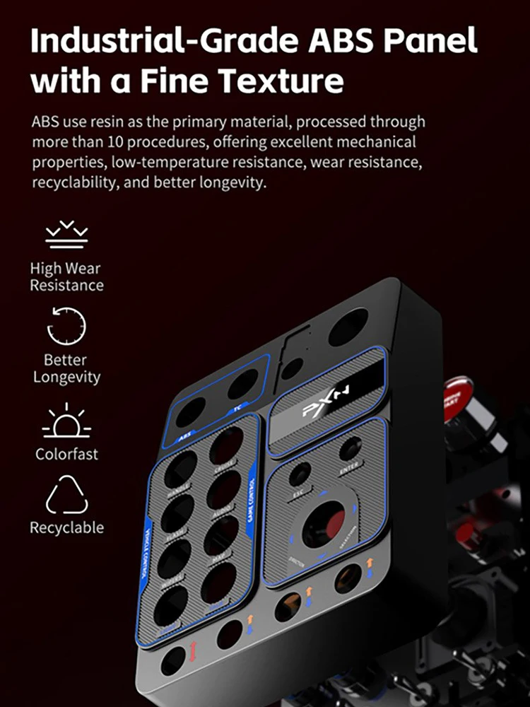 PXN-CB1 중앙 제어 박스는 PC 컴퓨터를 지원하며, 맞춤형 RGB 조명과 30개의 프로그래밍 가능한 버튼을 갖추고 있습니다.