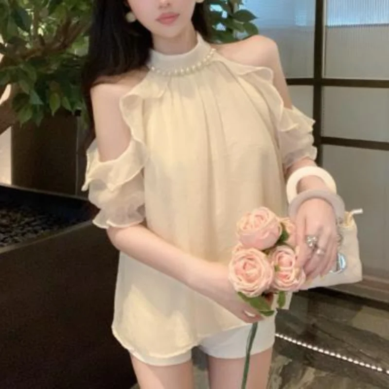 Summer New Commuter Casual Women's Clothing Fashion Ruffle Edge Simplicity Solid Color Round Neck Short Sleeve Pullover Shirt