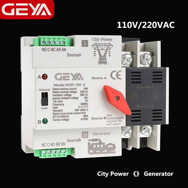 Geya-interruptor de Transferência Automática Interruptores Seletores Elétricos Potência Dupla Mini Ats 2p 16a 20a 25a 32a 40a 50a 63a 100a