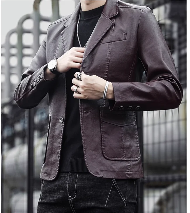 Mens Casual Leather Jacket - 2024 Fashion Slim Fit Coat 5XL BlackKahki