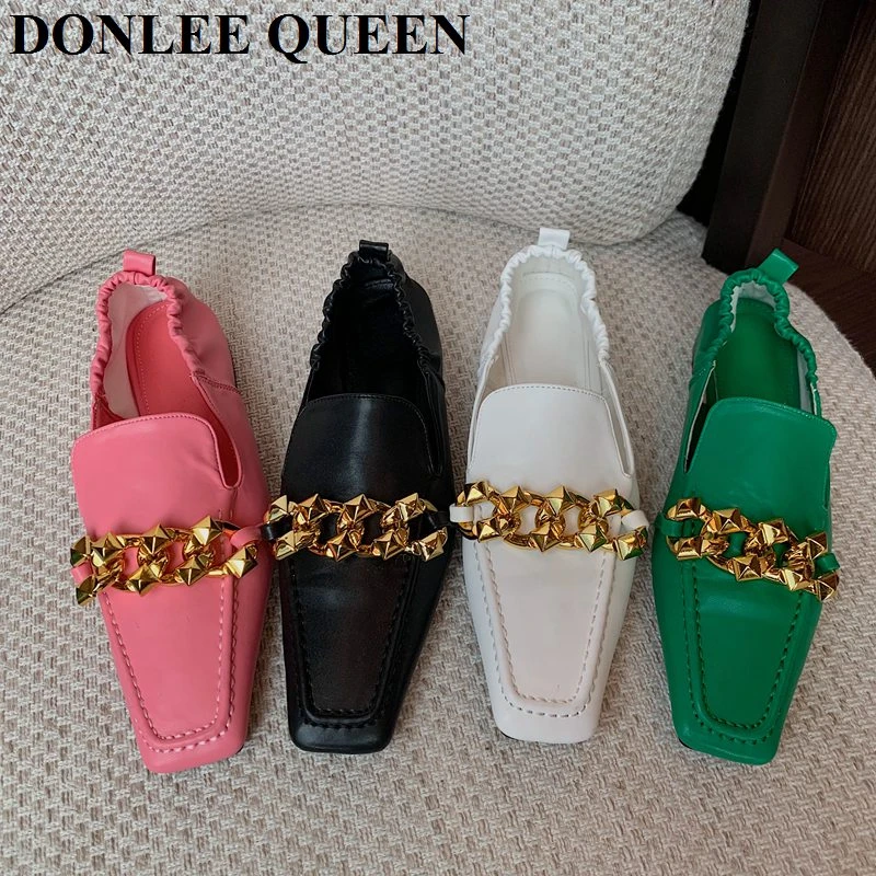 Zapatos planos verdes primavera para Mujer, mocasines sin cordones con punta cuadrada, con cadena de Metal británica, bailarina, 2022| | - AliExpress