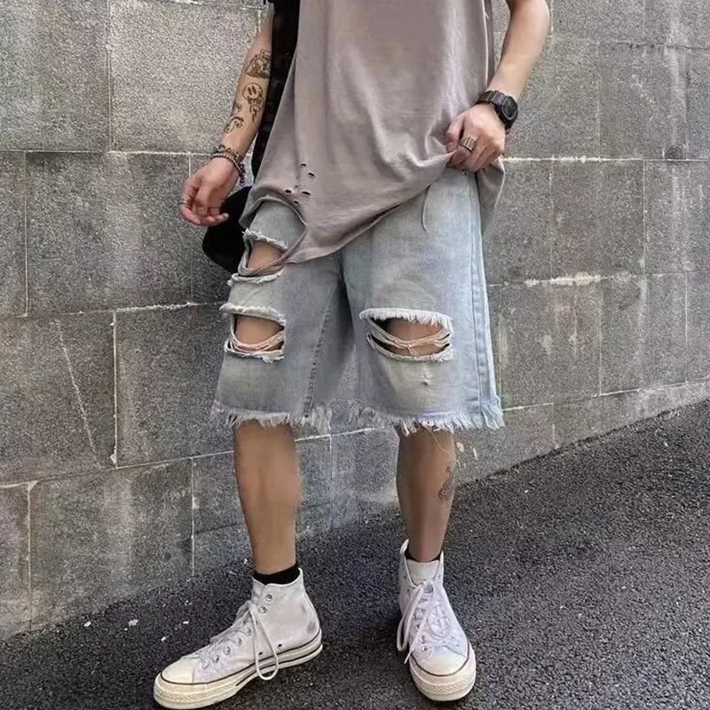 Men Vintage Hollow Out Ripped Design Straight Jean Short Pant For Men Streetwear Trend Spring Summer Fashion Denim Shorts