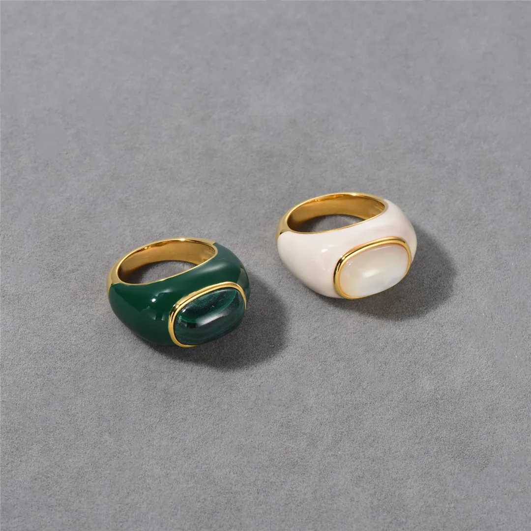 

French High Grade Natural Malachite White Fritillary Drop Glaze Ring Niche Simple Fashion Luxury Charm Trendy Jewelry Ins