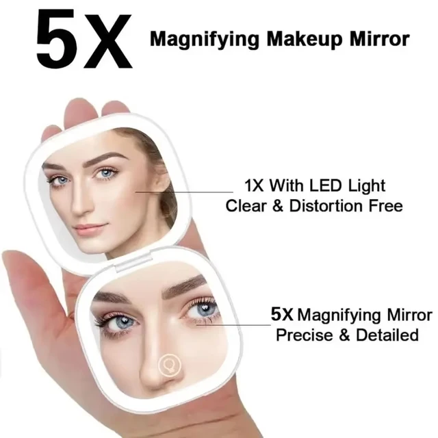 2 côtés du visage tactile Compact Led 3 couleurs Mini pliable Charge cosmétique miroir de maquillage avec lumière 5X grossissement Compact portable 3