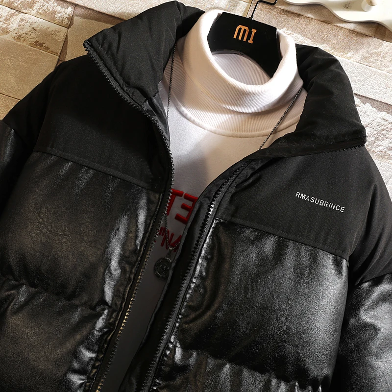 Streetwear Oversize Stand Collar Men's Warm Winter Jacket Solid Color Harajuku PU Parka Fashion Casual Winter Coats