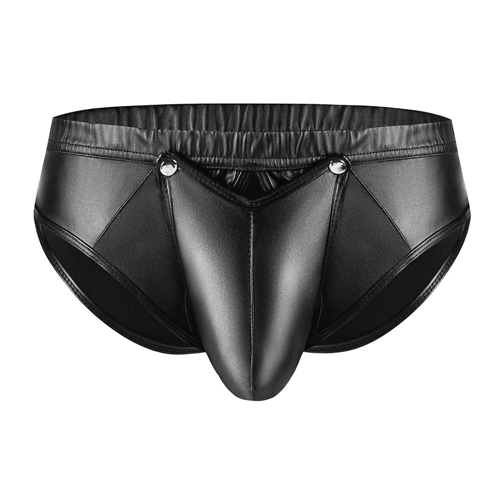

Men Faux Leather Low Rise Shiny Boxer Briefs Buckled Pouch Shorts Underwear