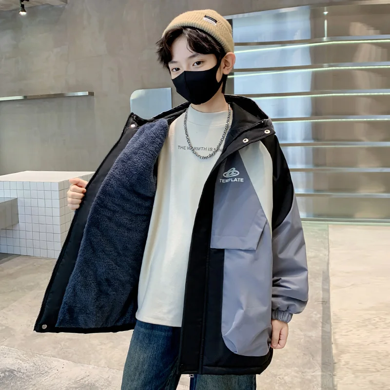 Kids Warm Patchwork Style Padded Parkas Coat For Boys Thermal Winter Jacket with Hood Jacket Zip Up Hoodie Trench Coat Outerwear