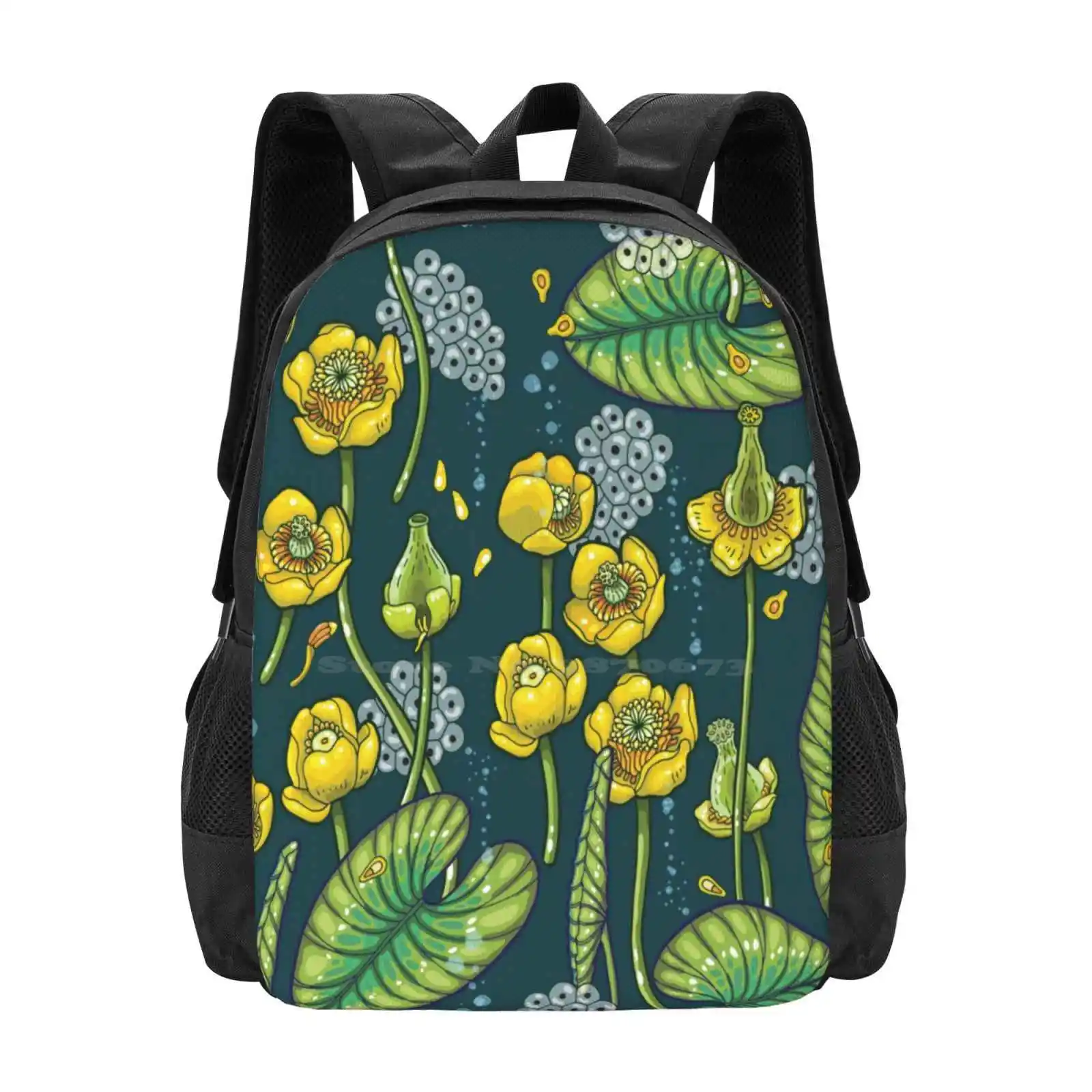 

River Of Mystery Pattern Design Bag Student'S Backpack Nature River Blue Dark Treasures Yellow Water Lily Nuphar Lutea Tadpoles