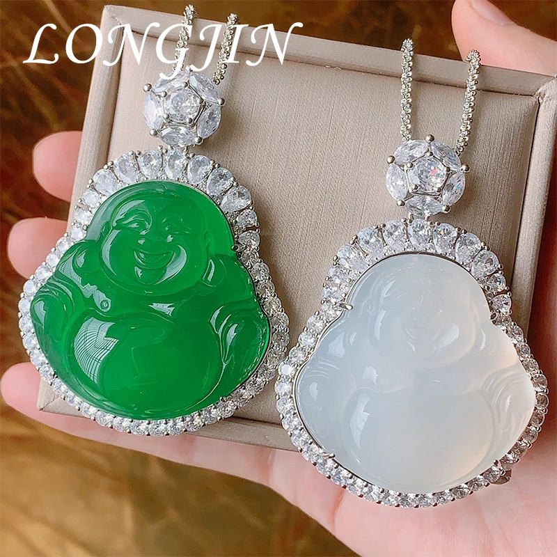 

Buddha Pendant Necklaces Women Silver Color Colored Gem Necklace 47*64mm Jewelry New Style Wedding Gift for Guest Drop Shipping