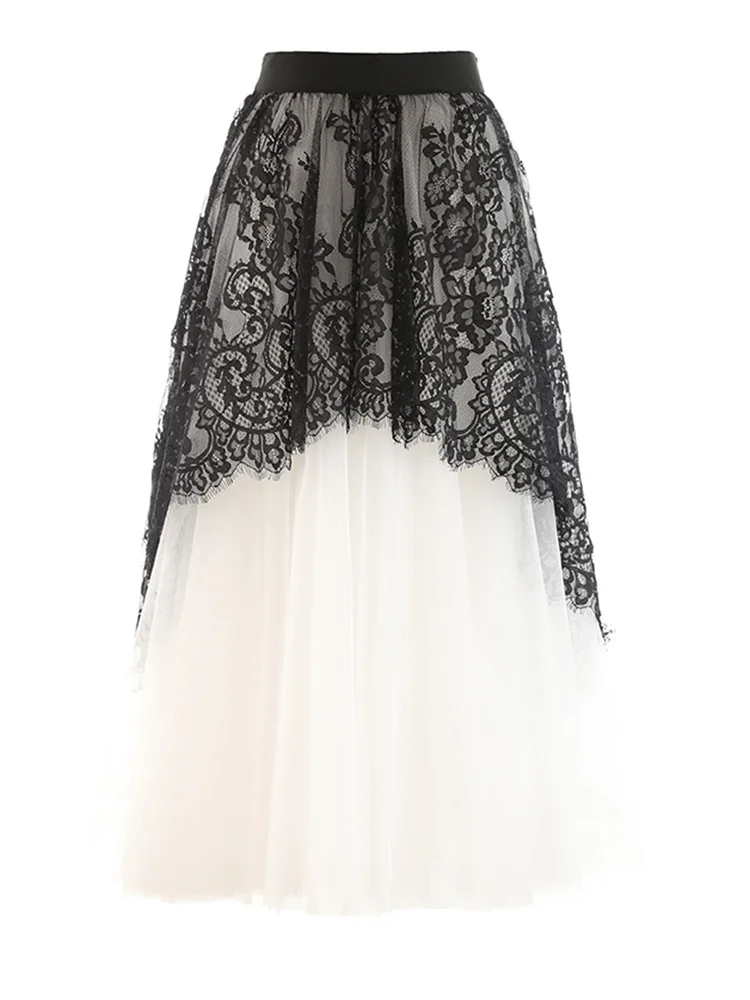 

High Elastic Waist Black Lace Color-block Long A-line Half-body Skirt Women Fashion Tide New Spring Autumn 2022 K074