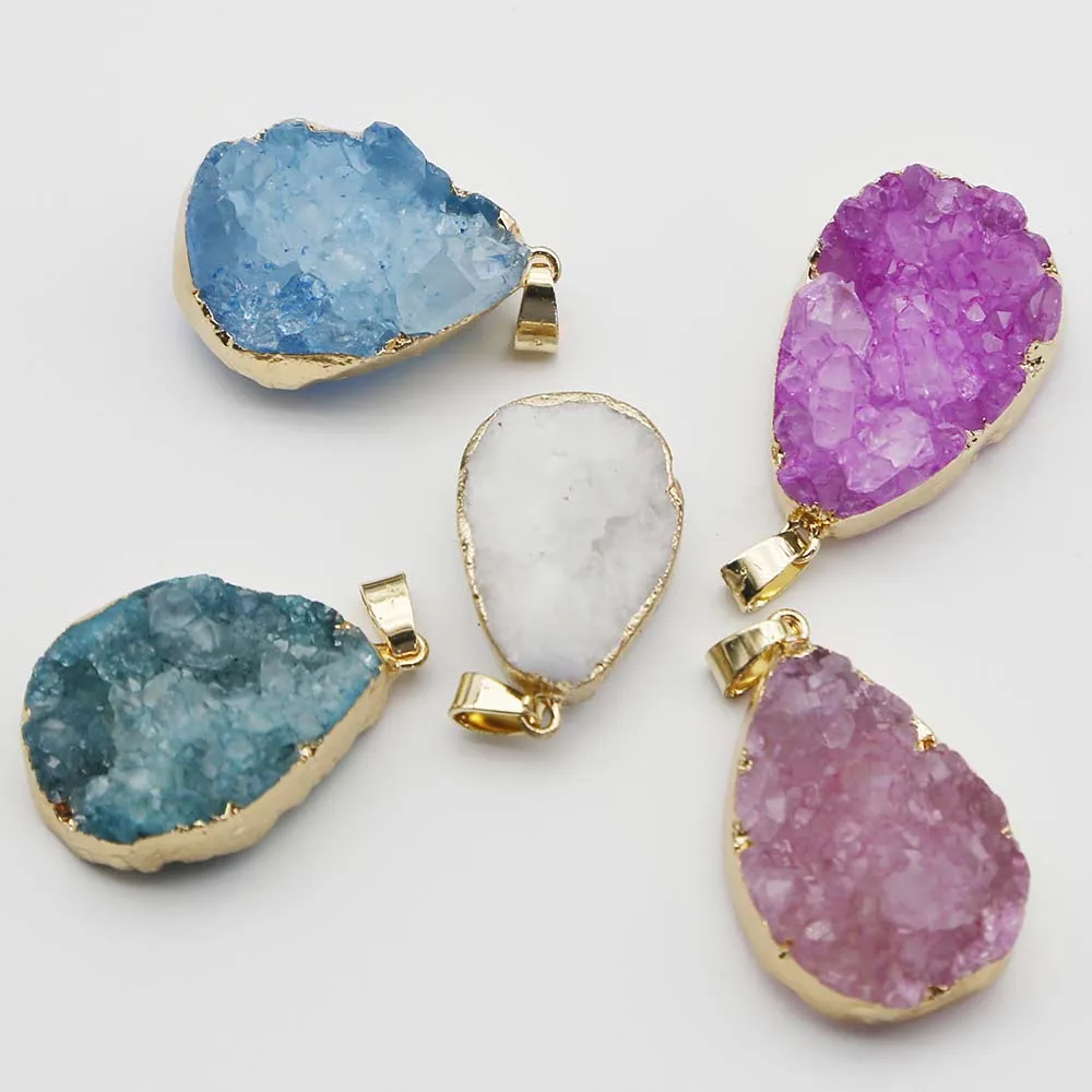 Natural Agate Crystal Semi Gem Water Drop Gold Edged Pendant Exquisite Necklace Fashion Charm Jewelry Accessories Wholesale 6Pcs