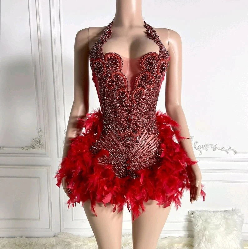 

Red Halter Feather Short Prom Dresses Black Girls Diamond Birthday Party Dresses African Mini Cocktail Dresses Homecoming