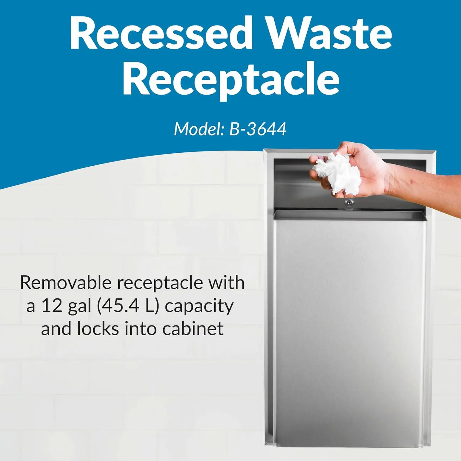 Recessed Waste Receptacle, Satin Finish 12-Gallon –Wall-Mounted Stainless Steel Trash Can for Commercial Restrooms Liner 2