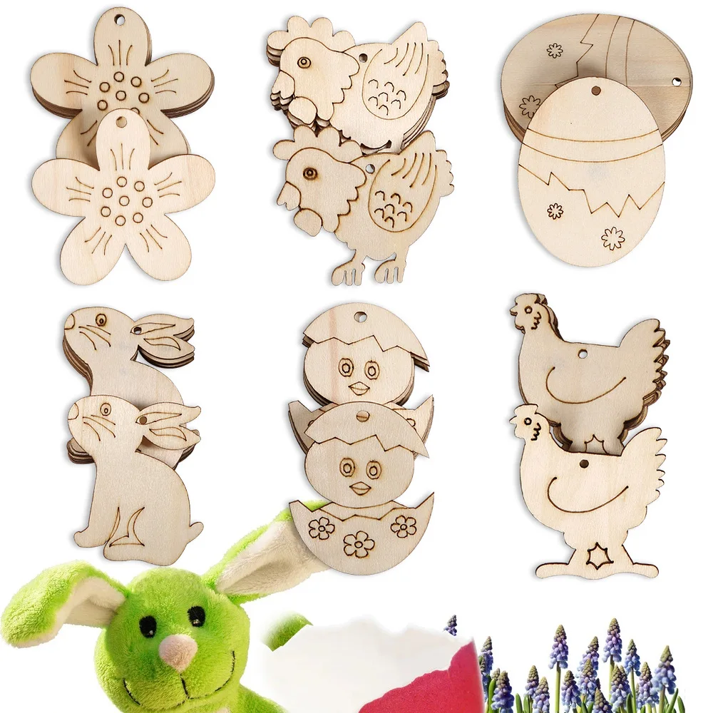 

10 шт. пасхальный декор, деревянные пасхальные яйца кролика, Цыпленок, кулон, пасхальные украшения, необработанные деревянные Ломтики для рукоделия, подарки