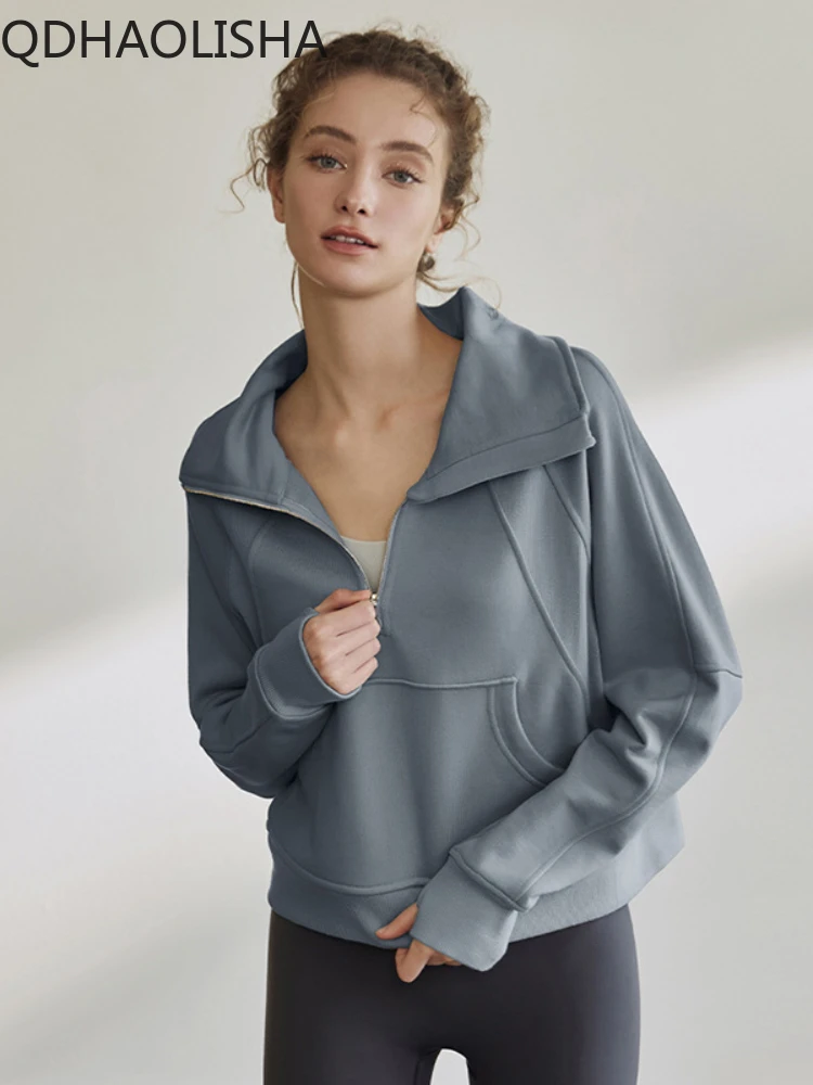 

Women Sweatshirts Spring Autumn New in Women Clothes High Neck Sweater Loose Fashion Style Half Zipper Long Sleeve Short Coat