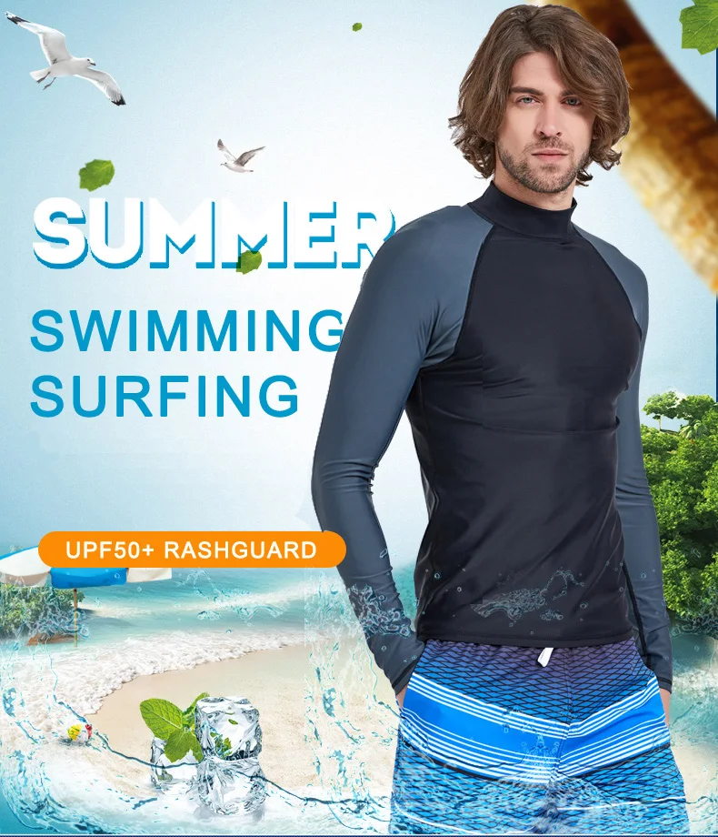 Mens Long Sleeve Wetsuits Tops Lycra Anti UV Breathable Snorkeling