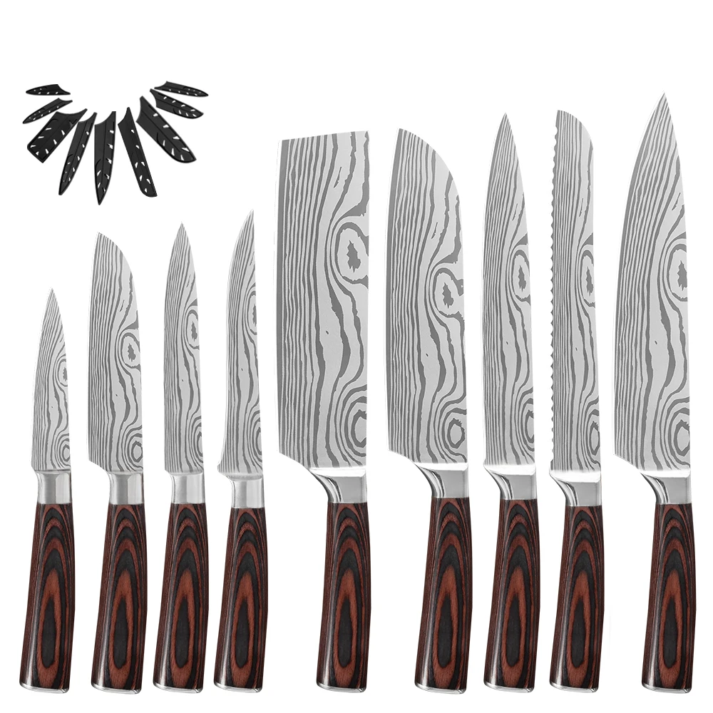 

Professional Knife Set 6Pcs/9Pcs Stainless Steel Laser Damascus Pattern Sharp Blade Chef Slicing Bread Utility Paring Knives Set