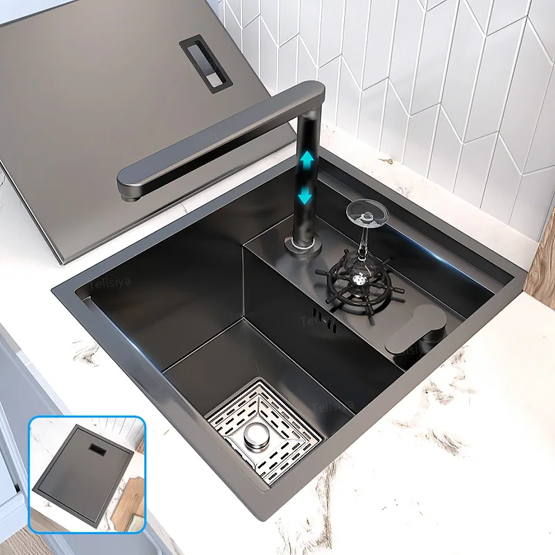 Hidden Kitchen Sink Stainless Steel Mini Small Single Tank Cup Washer With Lid Multifunctional Bar Balcony Wash Basin
