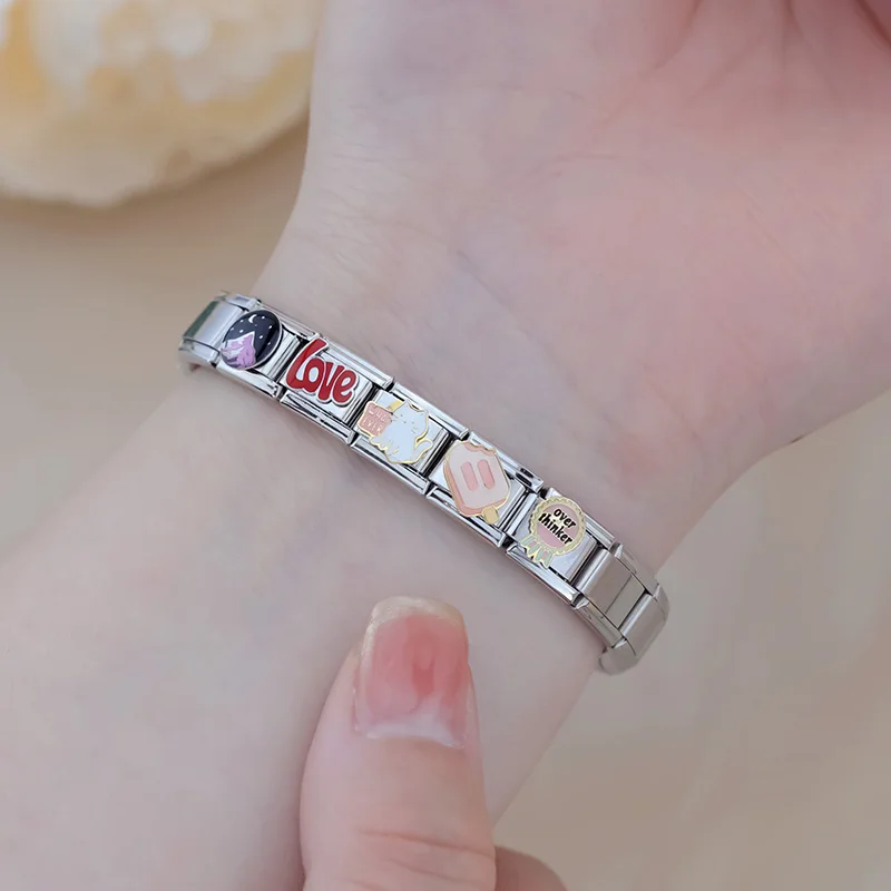 Hapiship 2024 Fashion Love Cat Chicken Legs Popsicle Italian Charms Links Fit 9mm Bracelet Stainless Steel DIY Jewelry DJ1155-C