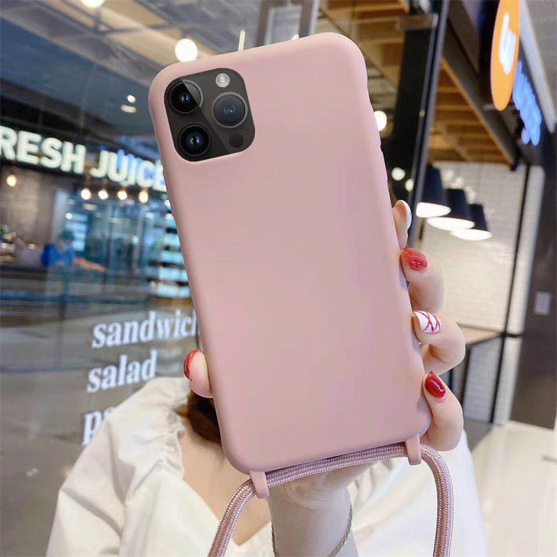 Coque de téléphone en Silicone TPU souple, avec collier et lanière, pour iPhone 15, 14 Plus, 13, 12 Mini, 11 Pro, XS Max, XR, X_voghion.com