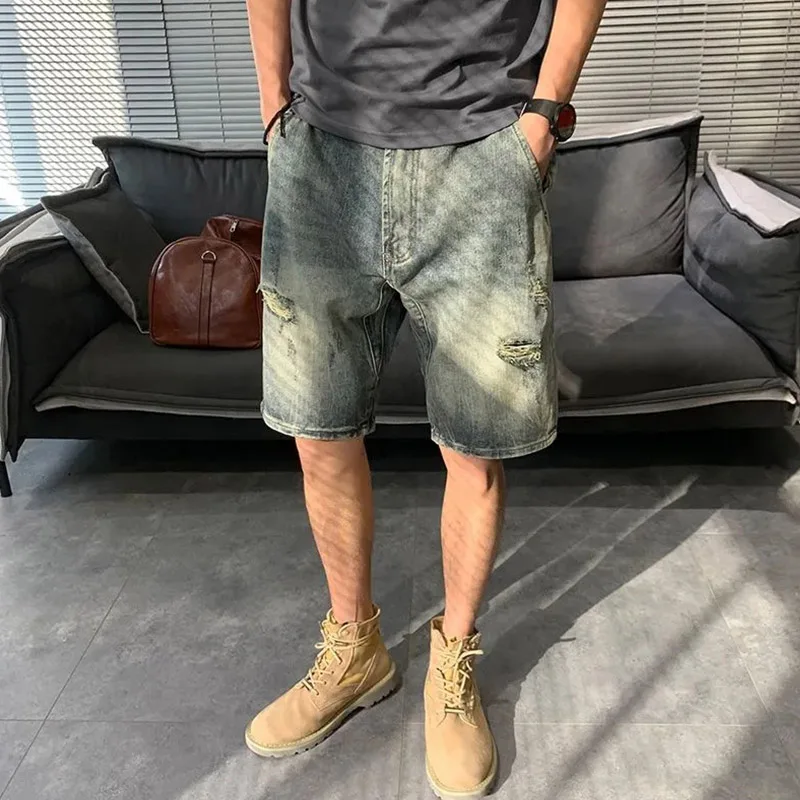 2024 New Summer Perforated Denim Shorts Fashion Men's Business Travel High Quality Street Loose Thin Straight Shorts Light Blue