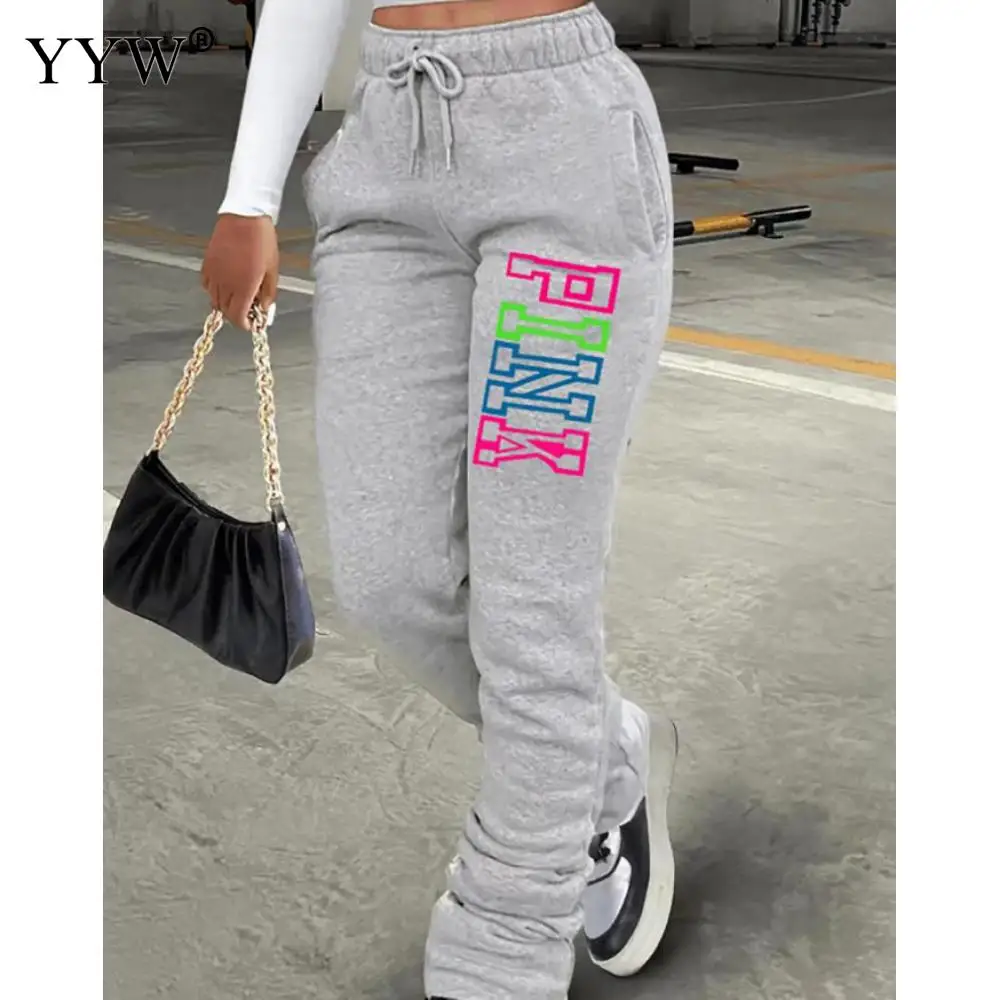 

Брюки женские свободного покроя с принтом букв, повседневные длинные модные теплые штаны с эластичным поясом, повседневная одежда, розовые, на осень-зиму