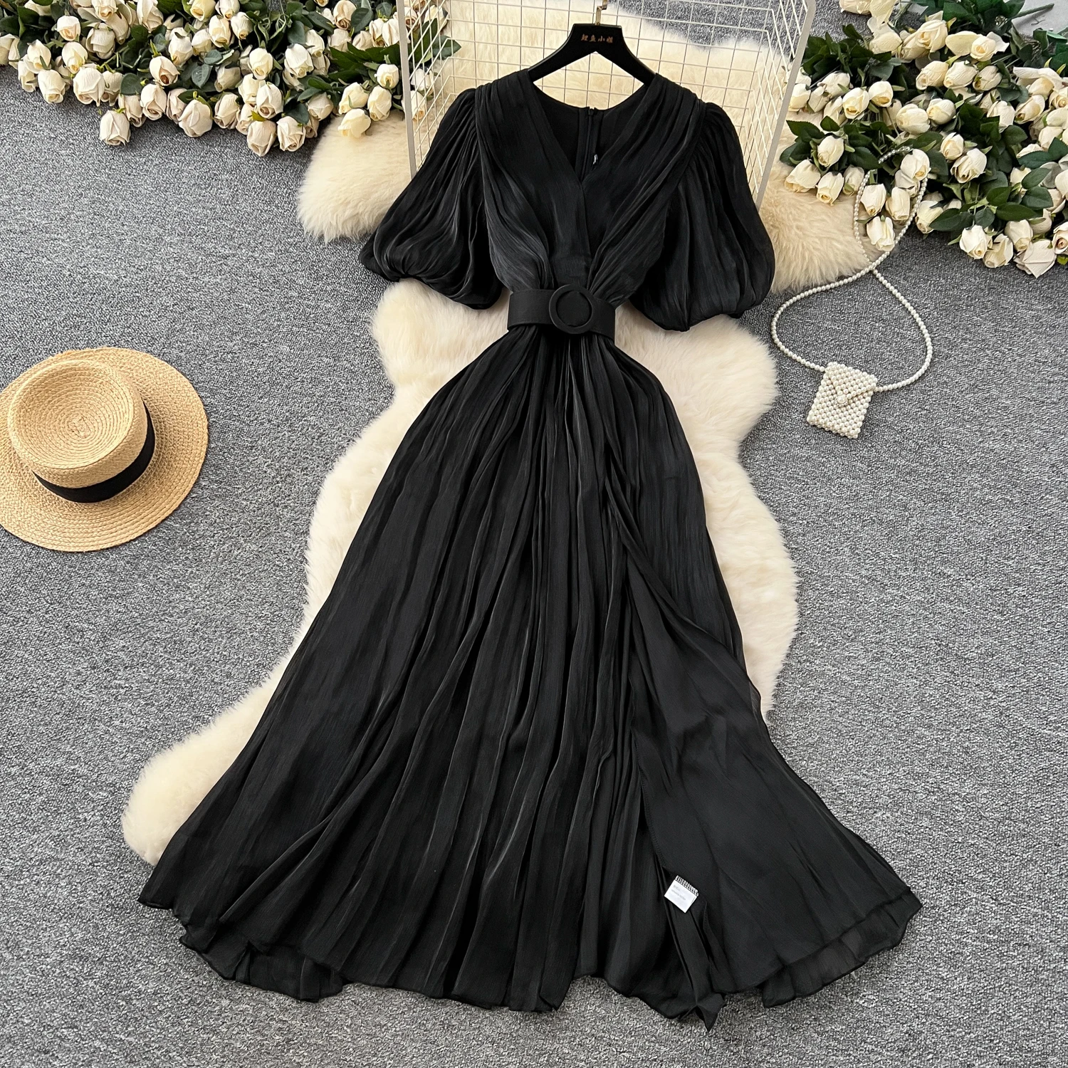 Vintage Elegant sweet puff sleeve split Dress A-line Chic Casual Beach Vacation Women Summer dresses
