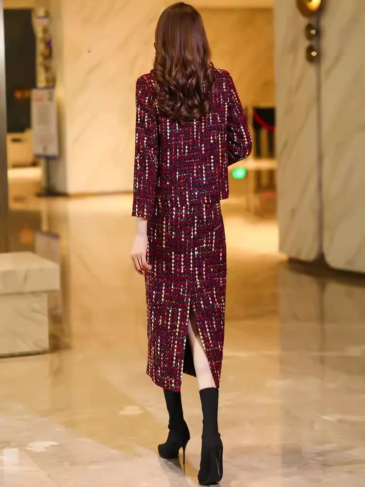 New Women Green Wool Blends Skirt Suits Autumn Winter Fashion Elegant O-Neck Coat And Long Skirt Thick Tweed Two Pieces Sets